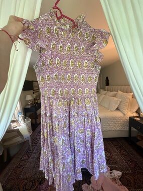 Oliphant Smocked Lavender Gold  Floral Ruffle Dress